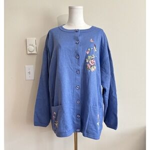 NWT The Woods Whimsical Fairy Cottage Cardigan Floral Bird Fall Autumn Blue XXL